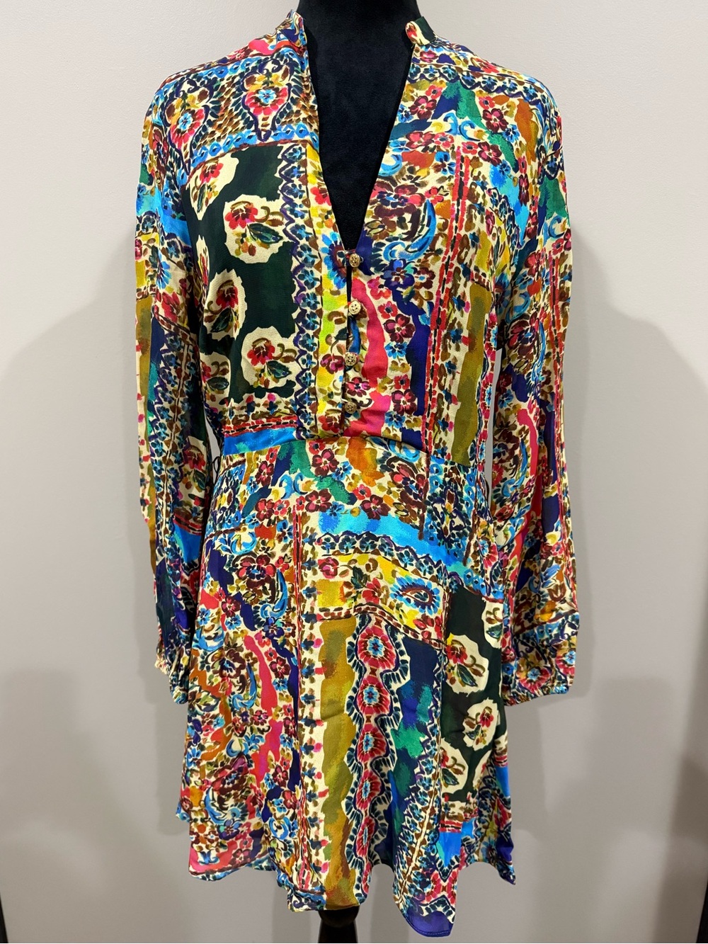 Zara Multicolor Bohemian Patchwork Floral Mini Dress Long Sleeve Size Medium